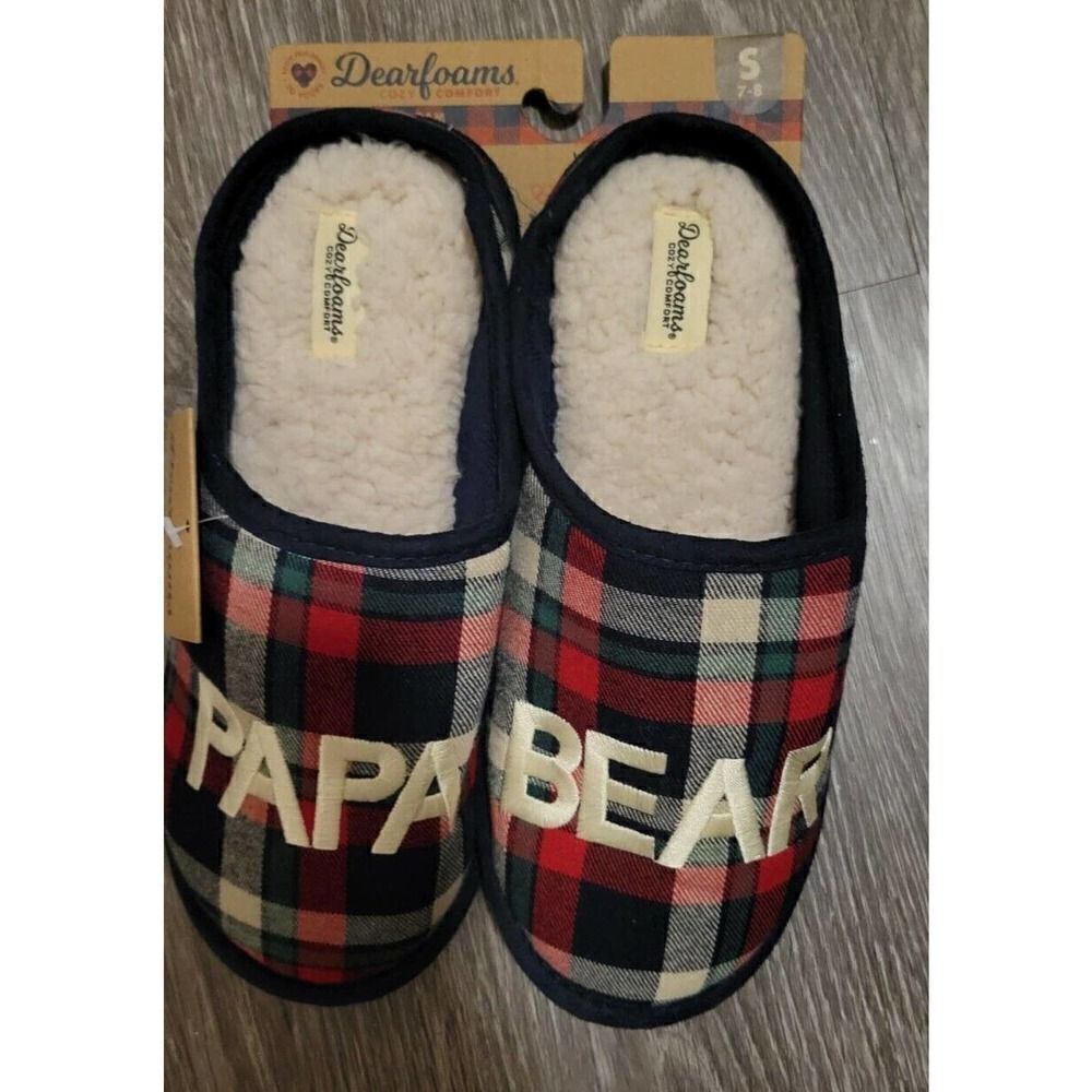 Dearfoams PAPA BEAR Navy/Red/Grn Plaid Clog Memory Foam Slippers Mens S 7-8
